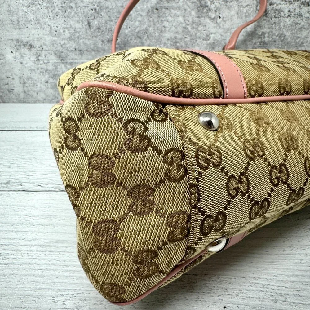 Gucci Beige GG Canvas Tote with Pink Trim and Gold Hardware
